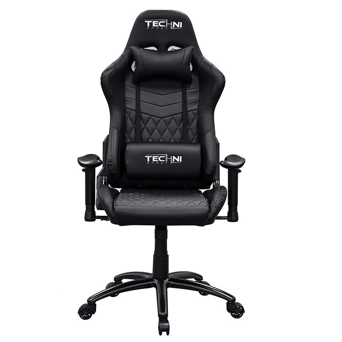 This is the full front view of TS-5100 Ergonomic High Back Racer Style PC Gaming Chair with the Techni Sport logo embedded on the headrest. All the parts are black.