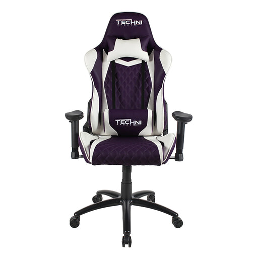 This is the full front view of the purple/white/black TS-52 Ergonomic High Back Racer Style PC Gaming Chair with the Techni Sport logo embedded on the headrest and waist support. The armrests, base support and wheels are black while the seat and back support are a mix of purple and white.