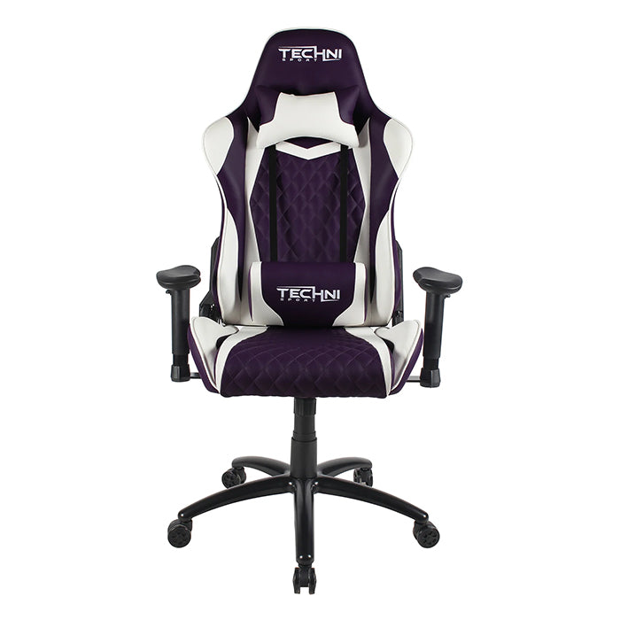 This is the full front view of the purple/white/black TS-52 Ergonomic High Back Racer Style PC Gaming Chair with the Techni Sport logo embedded on the headrest and waist support. The armrests, base support and wheels are black while the seat and back support are a mix of purple and white.