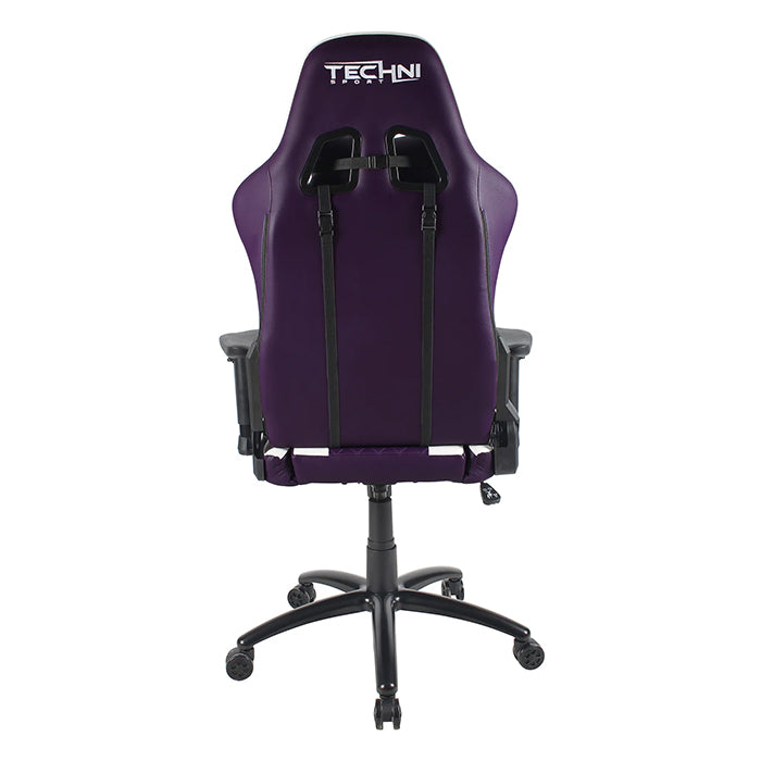 This is the back view of the TS-52 Ergonomic High Back Racer Style PC Gaming Chair with purple back support and black arm rests. The wheels are colored black.