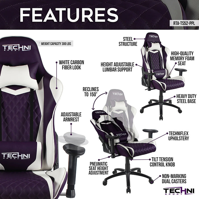 This is the image of the main features of TS-52 Ergonomic High Back Racer Style PC Gaming Chair.
