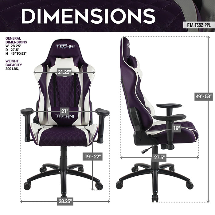 This image shows the dimensions of the TS-52 Ergonomic High Back Racer Style PC Gaming Chair in front view and side view.