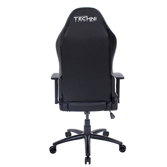 This is the back view of the TS-61 Ergonomic High Back Racer Style Video Gaming Chair with black back support, arm rests and wheels.