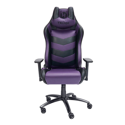 This is the full front view of the TS-61 Ergonomic High Back Racer Style Video Gaming Chair with the Techni Sport logo embedded on the headrest. It has a combination of purple/black colors.