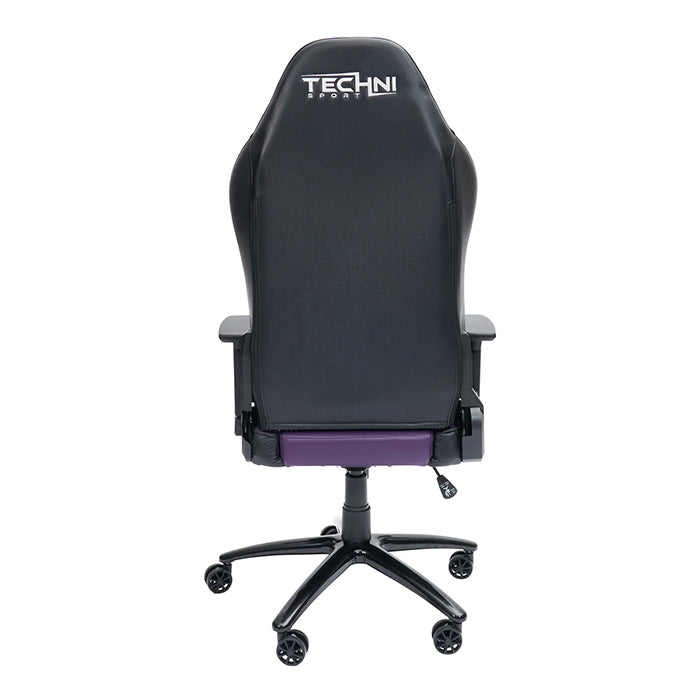 This is the back view of the TS-61 Ergonomic High Back Racer Style Video Gaming Chair with black back support, arm rests and wheels. The seat cushion is the only purple-colored here.