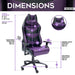 This image shows the dimensions of the purple/black TS-61 Ergonomic High Back Racer Style Video Gaming Chair in front view and side view.