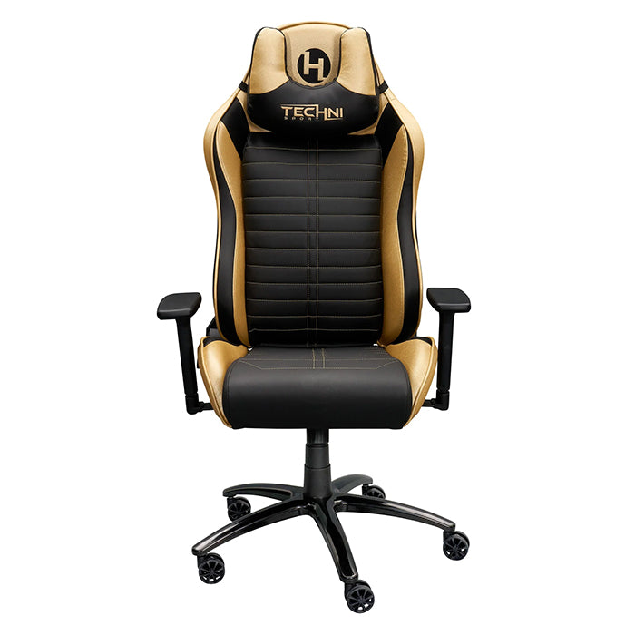 This is the full front view of the gold/black Ergonomic Racing Style Gaming Chair with the Techni Sport logo embedded on the headrest. The outlines of the back support and cushion has gold intertwined with black while most of the parts shown are black.