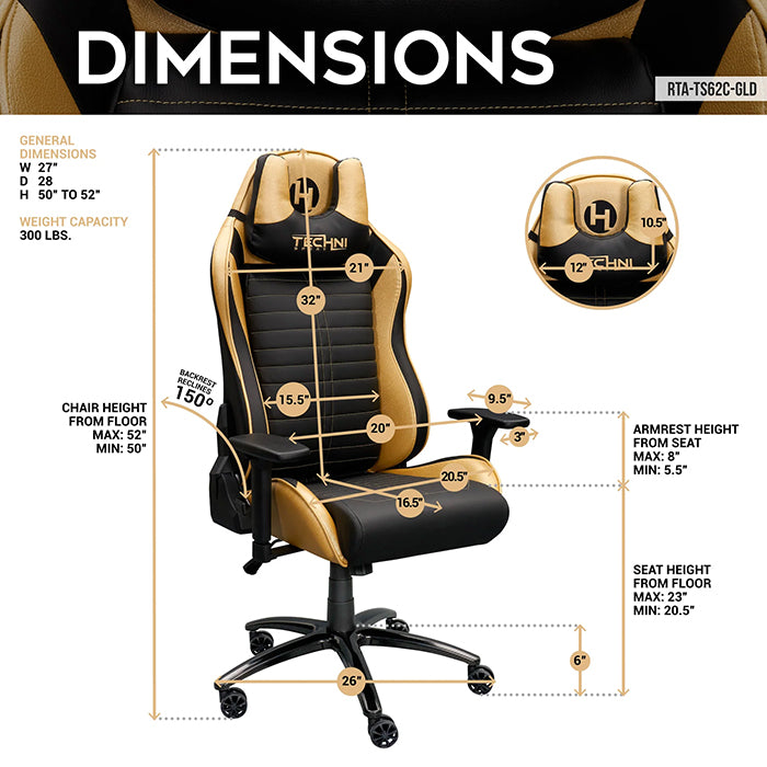 This image shows the dimensions of the gold/black Ergonomic Racing Style Gaming Chair in front view and side view.