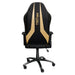 This is the back view of the gold/black Ergonomic Racing Style Gaming Chair with black back support and arm rests. The wheels are colored black as well. The Techni Sport logo is embedded in a vertical position in the center of two parallel gold design.