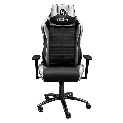 This is the full front view of the silver/black Ergonomic Racing Style Gaming Chair with the Techni Sport logo embedded on the headrest. The outlines of the back support and cushion has silver intertwined with black while most of the parts shown are black.