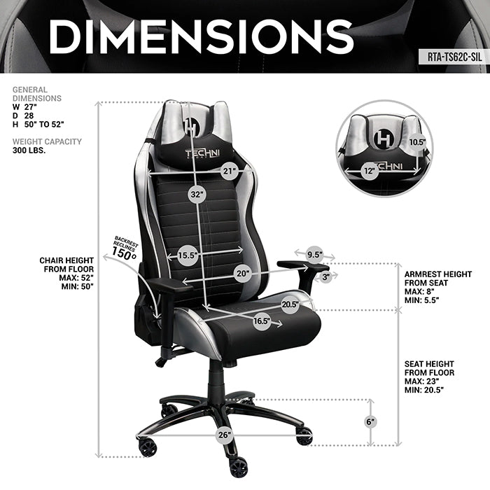 This image shows the dimensions of the silver/black Ergonomic Racing Style Gaming Chair in front view and side view.