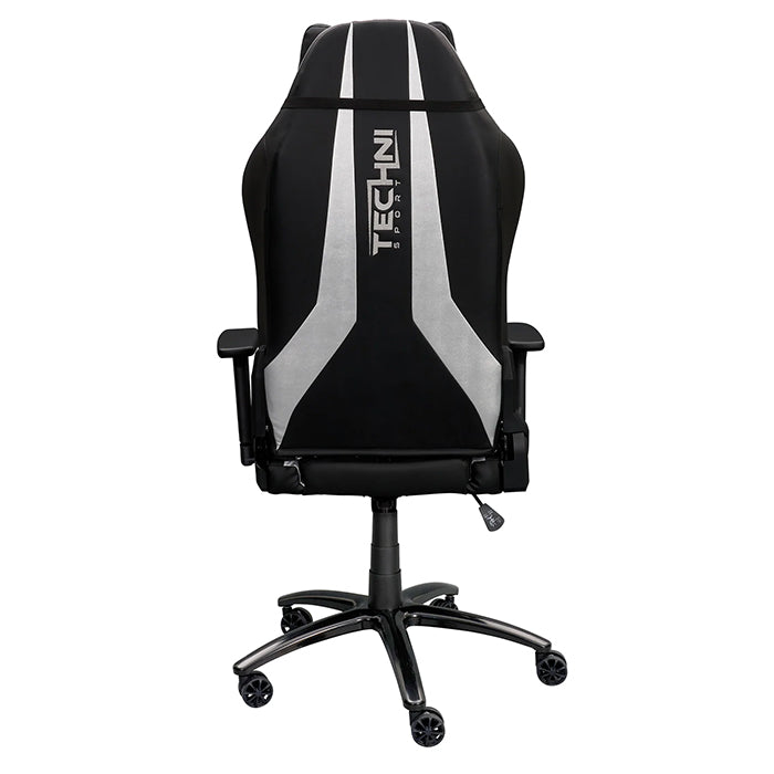 This is the back view of the silver/black Ergonomic Racing Style Gaming Chair with black back support and arm rests. The wheels are colored black as well. The Techni Sport logo is embedded in a vertical position in the center of two parallel silver design.