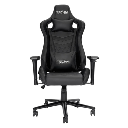 This is the full front view of the Black TS-83 Ergonomic High Back Racer Style PC Gaming Chair with the Techni Sport logo embedded on the headrest and waist support.