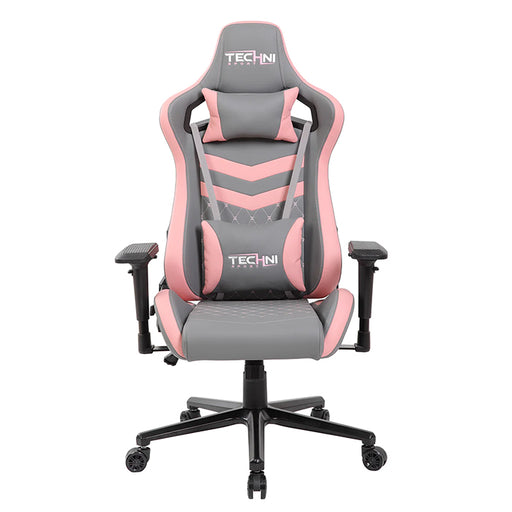 This is the full front view of the Grey/Pink TS-83 Ergonomic High Back Racer Style PC Gaming Chair with the Techni Sport logo embedded on the headrest and waist support.