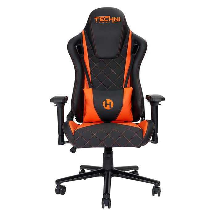 This is the full front view of the orange/black Ergonomic Racing Style Gaming Chair with the Techni Sport logo embedded on the headrest. The outlines of the back support and cushion has orange intertwined with black while most of the parts shown are black.