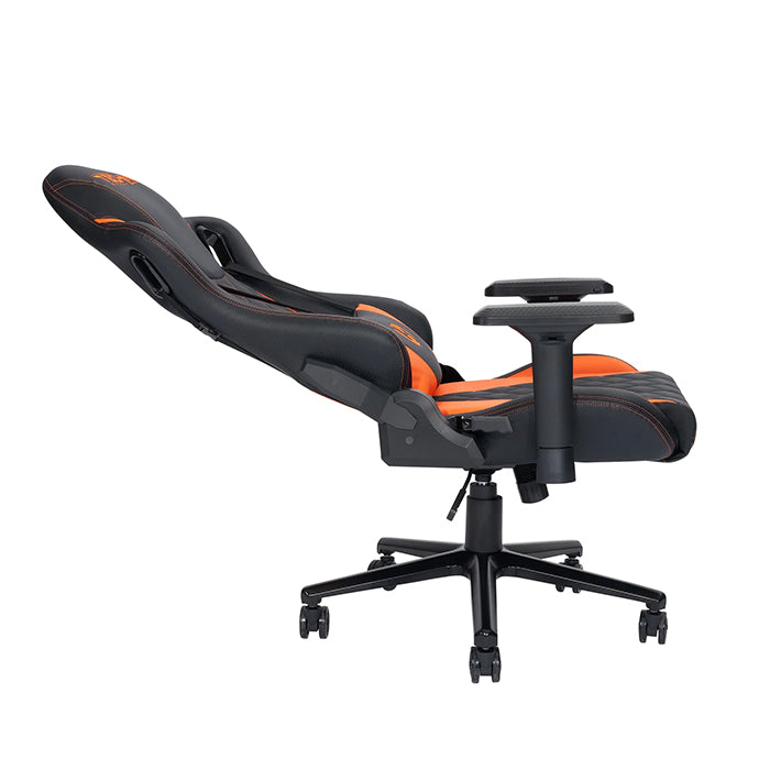 Orange/black Ergonomic Racing Style Gaming Chair Side view, the back support slightly reclined.