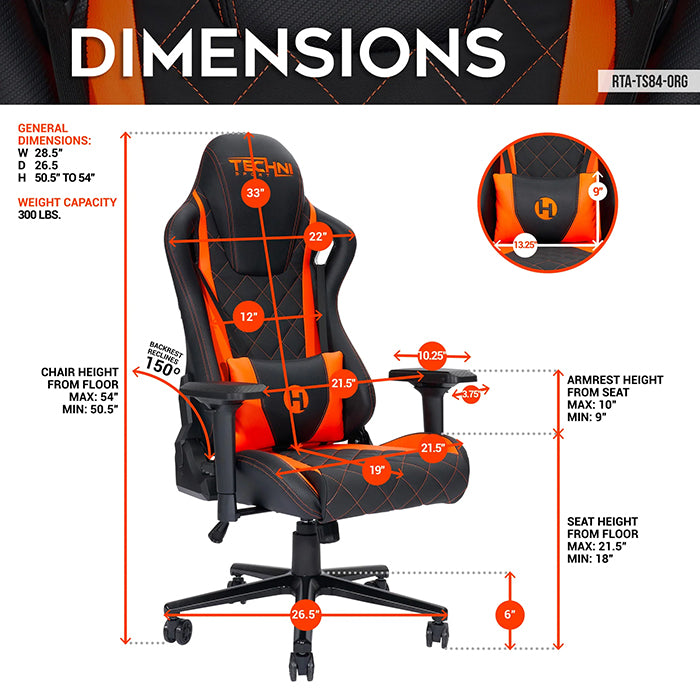 This image shows the dimensions of the orange/black Ergonomic Racing Style Gaming Chair in front view and side view.
