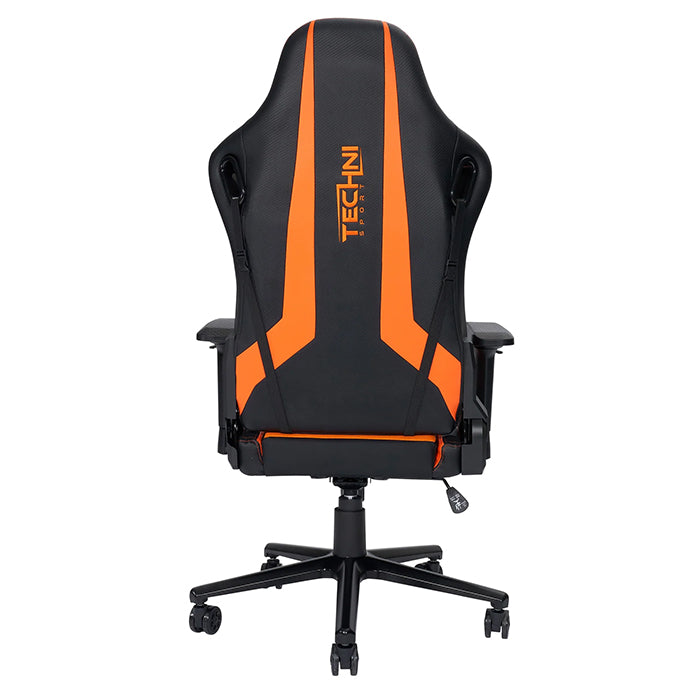 This is the back view of the orange/black Ergonomic Racing Style Gaming Chair with black back support and arm rests. The wheels are colored black as well. The Techni Sport logo is embedded in a vertical position in the center of two parallel orange design.