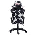 This is the full back view of TS85 COW Print LUXX Series Gaming Chair with cow printed back support and cushion while the armrests, base support and wheels are plain black.