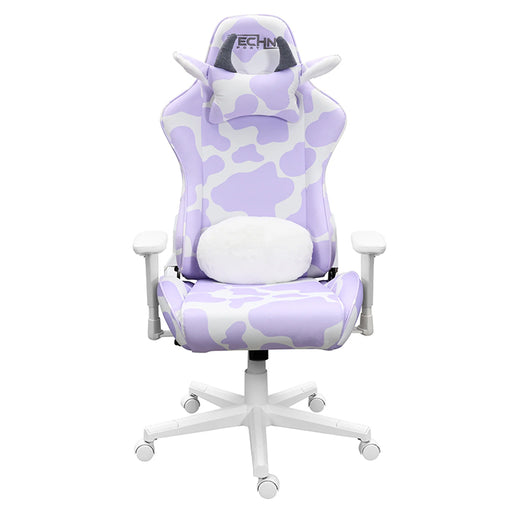 This is the full front view of the Lavender TS85 COW Print LUXX Series Gaming Chair with black cow spots on white and pink cow ears on the neck-rest and pink nose for the waist support.