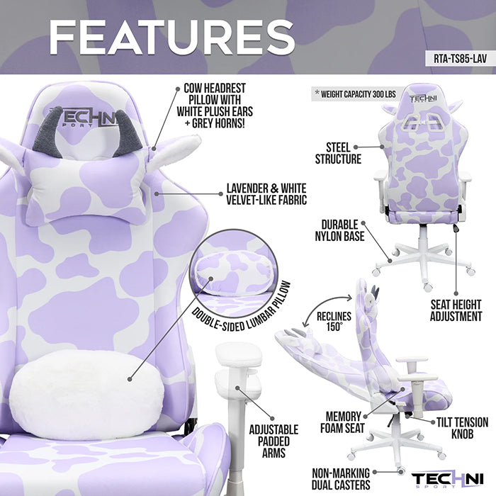 This is the image of the main features of Lavender TS85 COW Print LUXX Series Gaming Chair.
