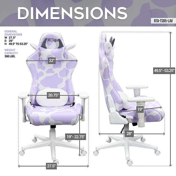 This image shows the dimensions of the Lavender TS85 COW Print LUXX Series Gaming Chair in front view and side view.