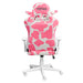 This is the full back view of Strawberry TS85 COW Print LUXX Series Gaming Chair with pink cow printed back support and cushion while the armrests, base support and wheels are plain white.