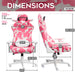 This image shows the dimensions of the Strawberry TS85 COW Print LUXX Series Gaming Chair in front view and side view.