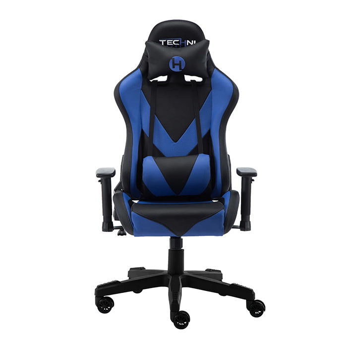This is the full front view of the blue/black TS-92 Office-PC Gaming Chair with the Techni Sport logo embedded on the headrest. The outlines of the back support and cushion has blue intertwined with black while most of the parts shown are black.