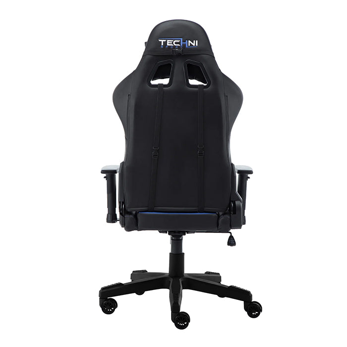 This is the back view of the blue/black TS-92 Office-PC Gaming Chair with black back support and arm rests. The wheels are colored black as well.