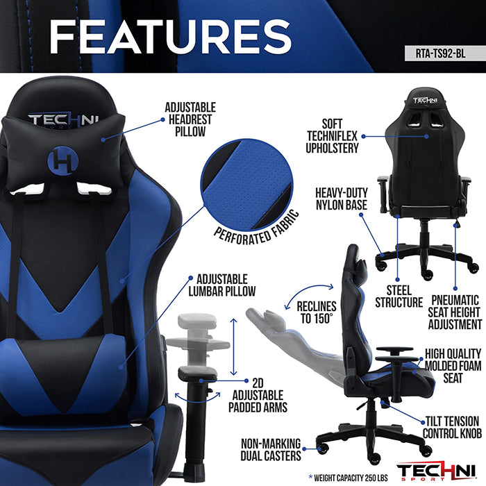 This is the image of the main features of blue/black TS-92 Office-PC Gaming Chair.