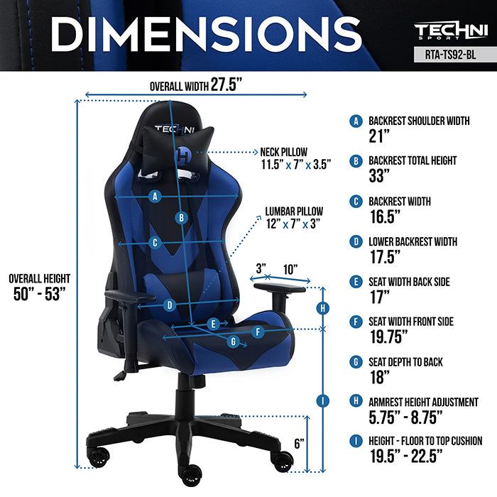 This image shows the dimensions of the blue/black TS-92 Office-PC Gaming Chair.