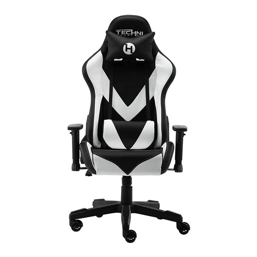 This is the full front view of the white/black TS-92 Office-PC Gaming Chair with the Techni Sport logo embedded on the headrest. The outlines of the back support and cushion has white intertwined with black while most of the parts shown are black.