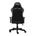 This is the back view of the white/black TS-92 Office-PC Gaming Chair with black back support and arm rests. The wheels are colored black as well.