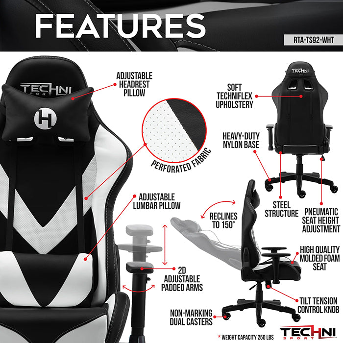 This is the image of the main features of white/black TS-92 Office-PC Gaming Chair.