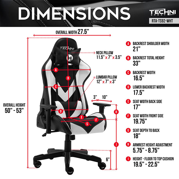 This image shows the dimensions of the white/black TS-92 Office-PC Gaming Chair.