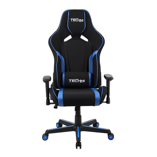 This is the full front view of the blue/black TSF-71 Office-PC Gaming Chair with the Techni Sport logo embedded on the headrest. The outlines of the back support and cushion has blue intertwined with black while most of the parts shown are black.