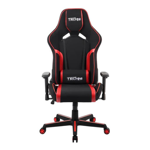 This is the full front view of the red/black TSF-71 Office-PC Gaming Chair with the Techni Sport logo embedded on the headrest. The outlines of the back support and cushion has red intertwined with black while most of the parts shown are black.
