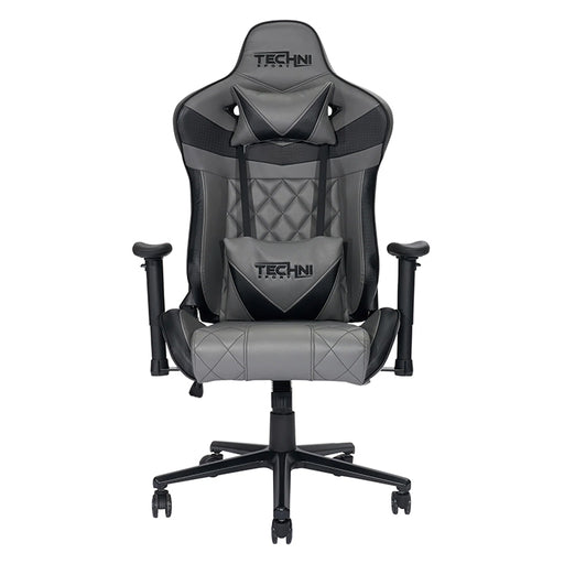 This is the full front view of the grey XL Ergonomic Gaming Chair with the Techni Sport logo embedded on the headrest.