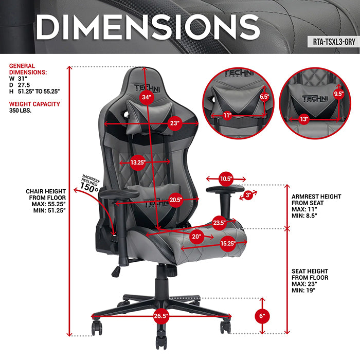 These are the dimensions of the XL Ergonomic Gaming Chair.