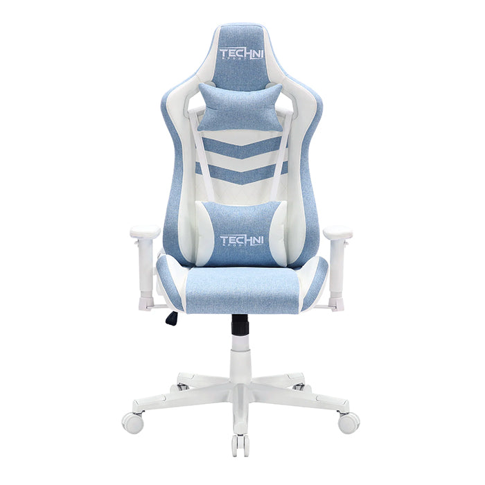 This is the full front view of the pastel blue TS86 Ergonomic Pastel Gaming Chair with Techni Sport logo embedded on the headrest. The outlines of the back support and cushion has blue intertwined with white while most of the parts shown are white.