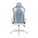 This is the back view of the blue Ergonomic Racing Style Gaming Chair with blue/white back support while arm rests, base support and wheels are all white. The Techni Sport logo is embedded on the back of the headrest as well.