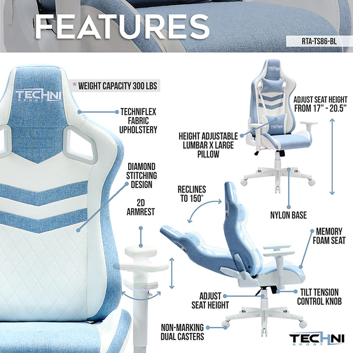 This is the image of the main features of pastel blue TS86 Ergonomic Pastel Gaming Chair.