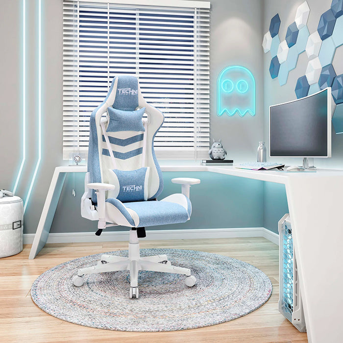 Pastel blue TS86 Ergonomic Pastel Gaming Chair in a similar color palette of minimalistic and futuristic room with a simple PC gaming set-up.
