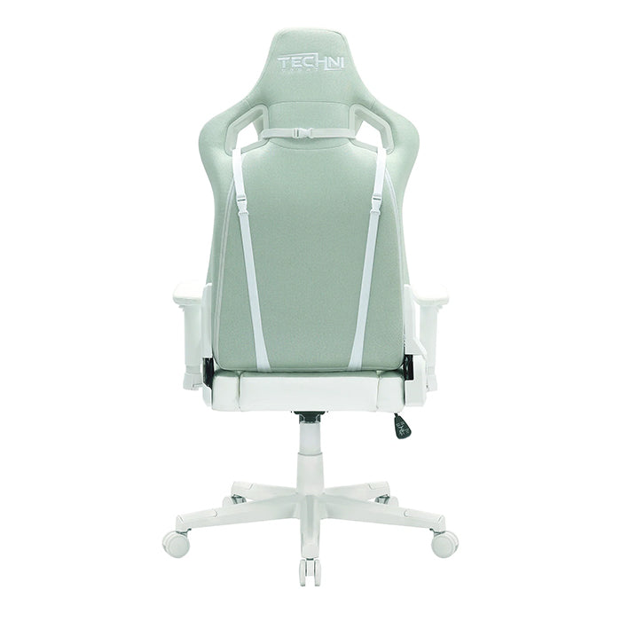 This is the back view of the pastel mint Ergonomic Racing Style Gaming Chair with mint/white back support while arm rests, base support and wheels are all white. The Techni Sport logo is embedded on the back of the headrest as well.