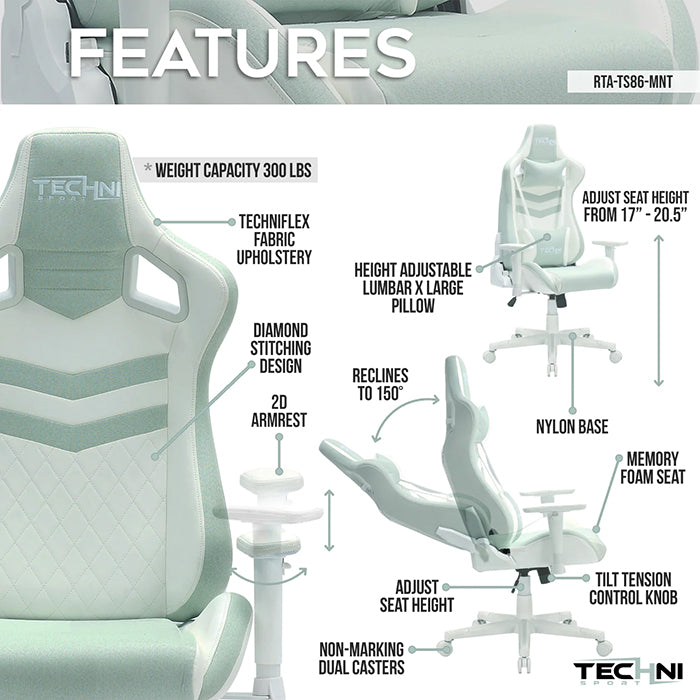 This is the image of the main features of pastel mint TS86 Ergonomic Pastel Gaming Chair.