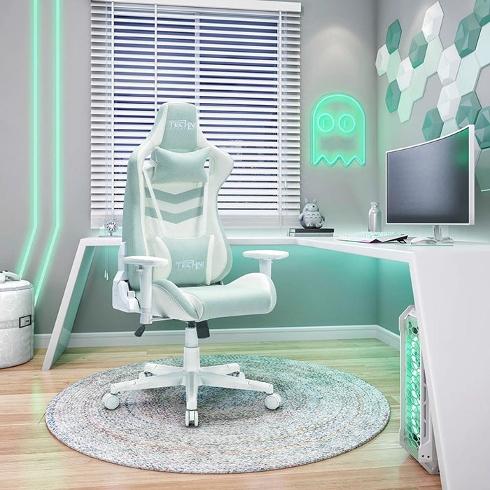 Mint TS86 Ergonomic Pastel Gaming Chair in a similar color palette of minimalistic and futuristic room with a simple PC gaming set-up.