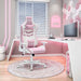 Pastel pink TS86 Ergonomic Pastel Gaming Chair in a similar color palette of minimalistic and futuristic room with a simple PC gaming set-up.