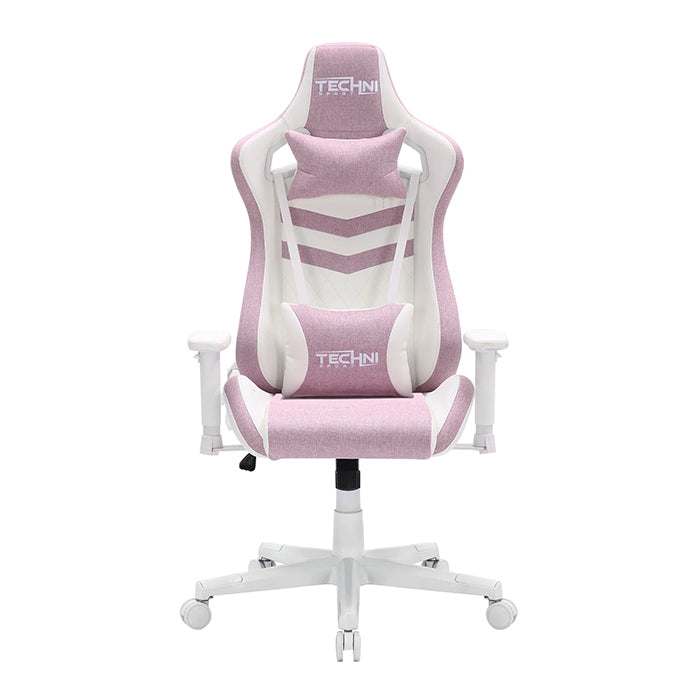 This is the full front view of the pastel pink TS86 Ergonomic Pastel Gaming Chair with Techni Sport logo embedded on the headrest. The outlines of the back support and cushion has pink intertwined with white while most of the parts shown are white.
