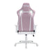 This is the back view of the pastel pink Ergonomic Racing Style Gaming Chair with pink/white back support while arm rests, base support and wheels are all white. The Techni Sport logo is embedded on the back of the headrest as well.